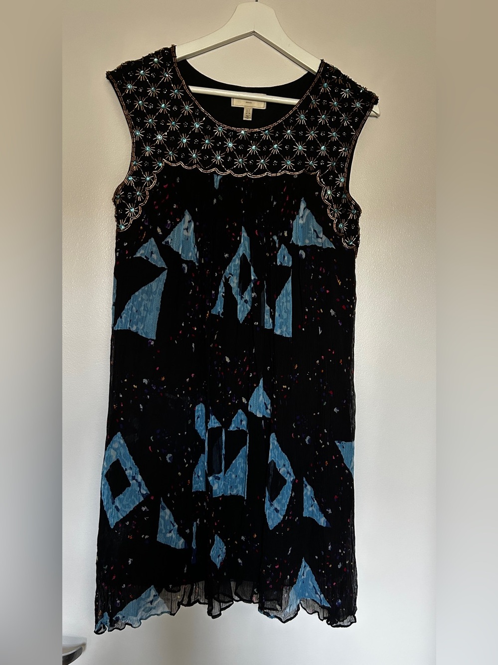 Anthropology Black Blue Beaded Geometric Crinkle Sleeveless Dress Boho Size 2